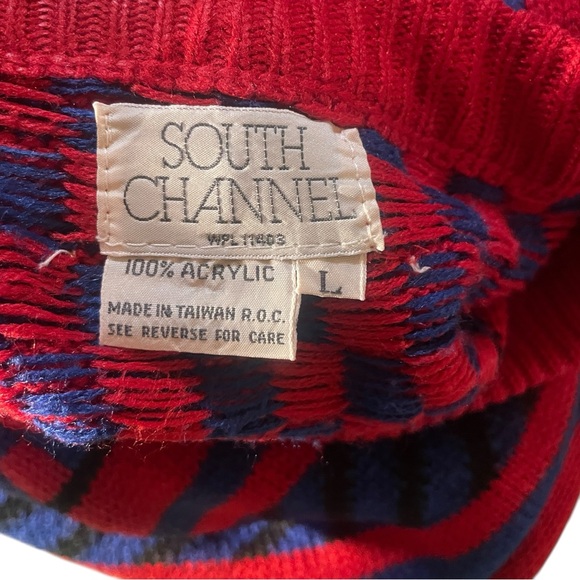 Vtg 80s Streetwear Mens L Knit Sweater Red Blue Purple Crewneck Geometric Print - Picture 10 of 11